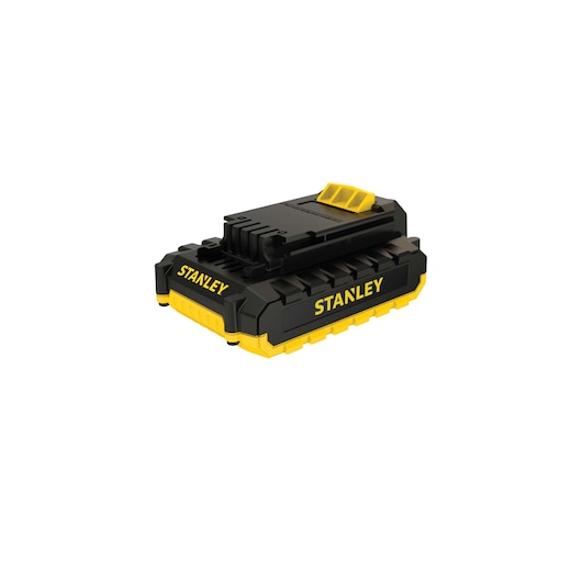 Photo of STANLEY SBD201S2K black and yellow power tool battery, angled view, product category photography.