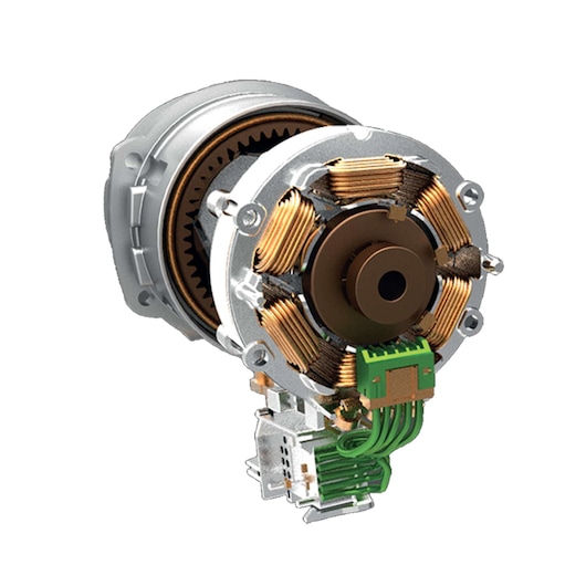 STANLEY SBD201S2K motor component with copper wiring, green connectors, side view, isolated on white background.