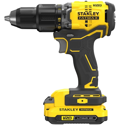 Stanley SBD715C2K-B2 cordless drill, yellow and black, side view on white background