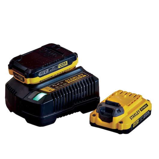 Photo of STANLEY SC200 V20 battery and charger set, yellow and black, front angle on white background.