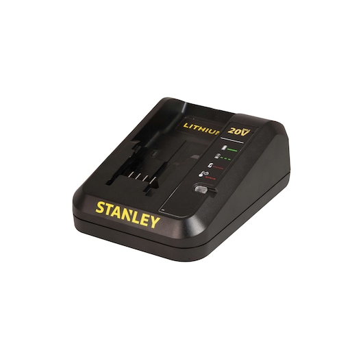 STANLEY SC202 battery charger, black with yellow logo, front angle on white background.
