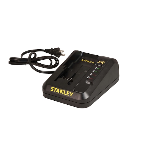 Photo of STANLEY SC202 battery charger with power cord, black, for 20V lithium batteries, angled front view.