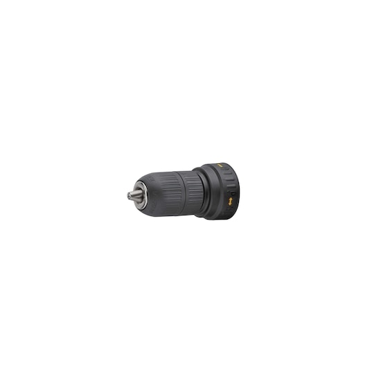 STANLEY SHR264K-B2C black drill chuck, tool accessory, side angle on white background.