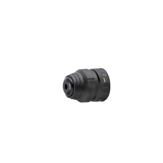STANLEY SHR264K-B2C black drill chuck, side angle, product photography on white background.