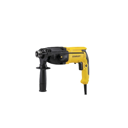 STANLEY SHR264K-B2C yellow and black rotary hammer drill, side view, with auxiliary handle.