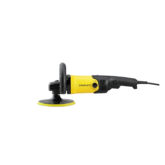Photo of STANLEY SP137 yellow and black electric polisher, side view, with handle and cord on white background.