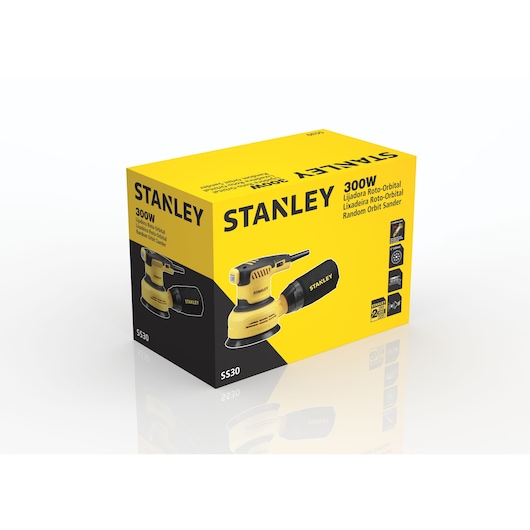 Photo of STANLEY SS30-B2C random orbit sander 300W product box, yellow and black packaging displayed at angle.