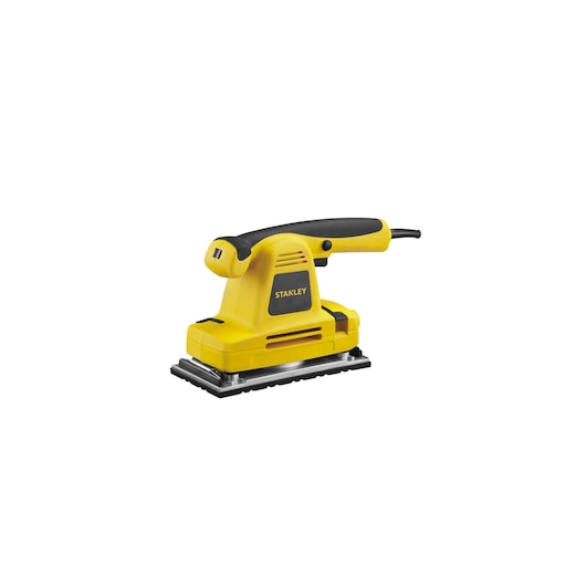STANLEY SSS310 yellow and black electric sander, side angle, on white background.