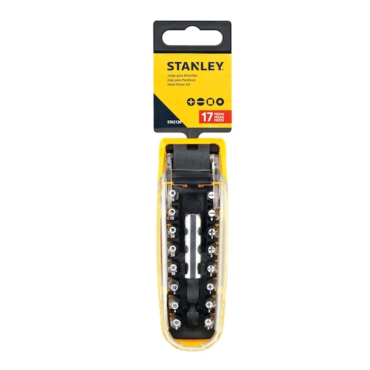 STANLEY STA2130 small driver set, 17 pieces in a transparent yellow and black case, front angle photo.
