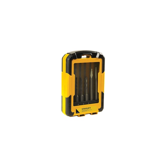 STANLEY STA4279-LA drill bit set in yellow and black hard case, product photography, angled view.