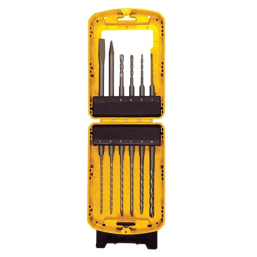 STANLEY STA4279-LA drill bits and chisel set in yellow hard case, front angle, product photography.