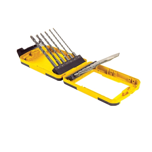 STANLEY STA4279-LA drill bit set in yellow plastic case, angled view, bits organized by size.