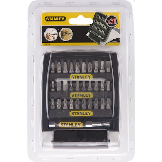 Stanley STA7122-XJ photography of 31-piece screwdriver bit set in retail blister packaging, front angle.
