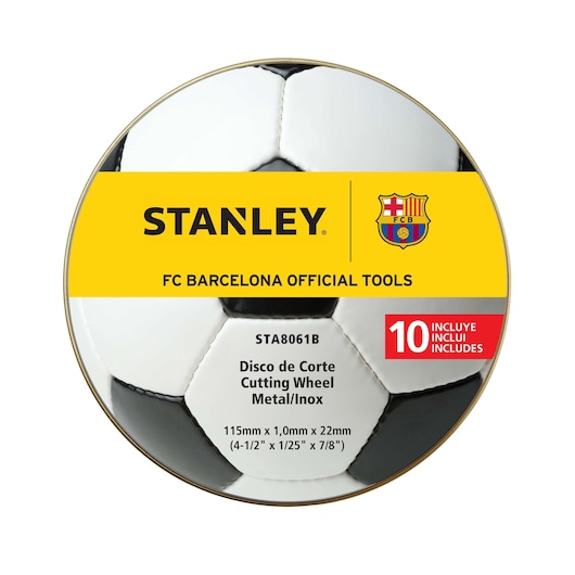 STANLEY STA8061B cutting wheel pack with FC Barcelona branding, round design resembling a soccer ball, front angle.