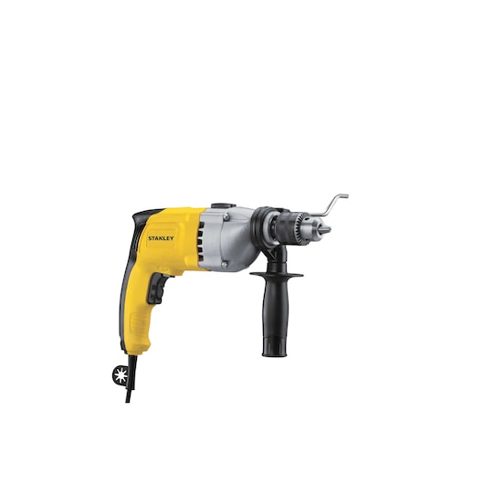 STANLEY STDH8013 yellow corded hammer drill side view, black handle, metal chuck against white background.