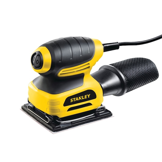 Photo of STANLEY electric sander, yellow and black, model STEL401, STEL401-AR, side angle on white background.