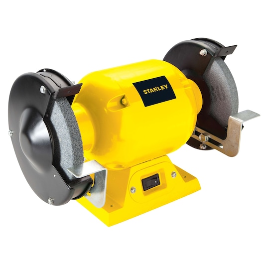STANLEY STGB3715 bench grinder with yellow body, dual grinding wheels, and protective guards, front angle on white.