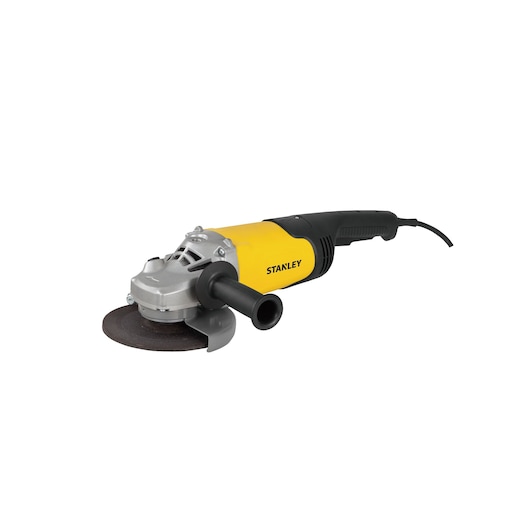 STANLEY STGL2218 angle grinder with yellow and black body, side handle, and cutting disc, front angle on white background.