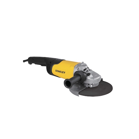 STANLEY STGL2223 yellow and black angle grinder, front left angle, power tool category.