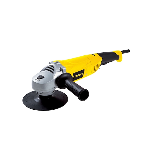 Photo of STANLEY STGP1318K angle grinder in yellow and black, side angle on white background.