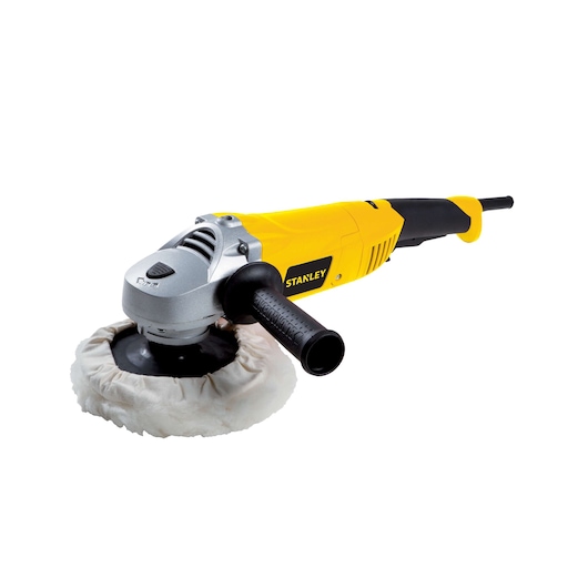 Photo of STANLEY STGP1318K yellow and black electric polisher, angled on white background.