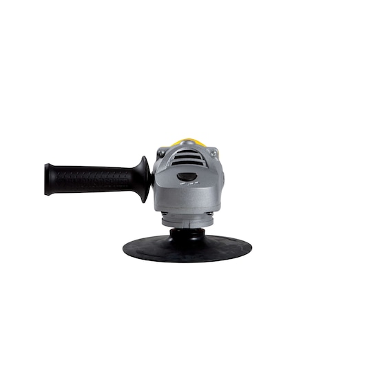 STANLEY STGP1318K angle grinder front view with black handle and disc on white background.