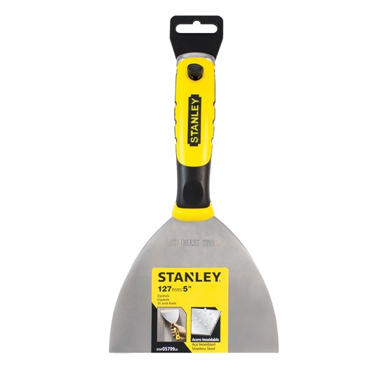 Photo of STANLEY STHT05799LA joint knife with yellow and black handle, 127mm stainless steel blade, front view.
