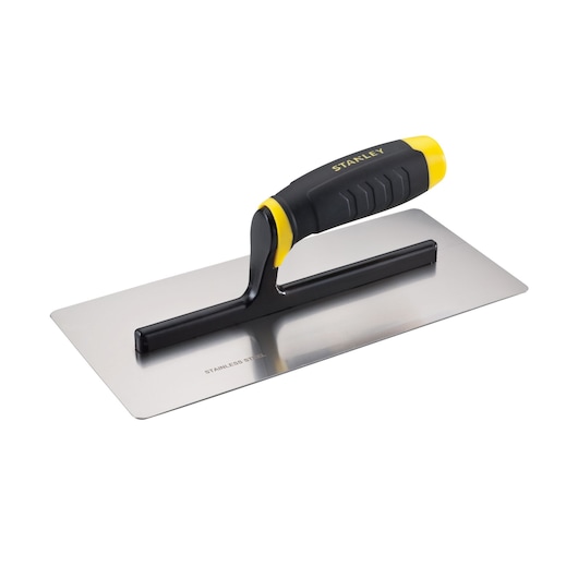 STANLEY STHT05898LA stainless steel trowel with black and yellow handle, front angle on white background.