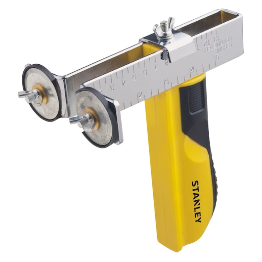 Stanley STHT16069LA pipe cutter with yellow handle and adjustable metal ruler, front angle.