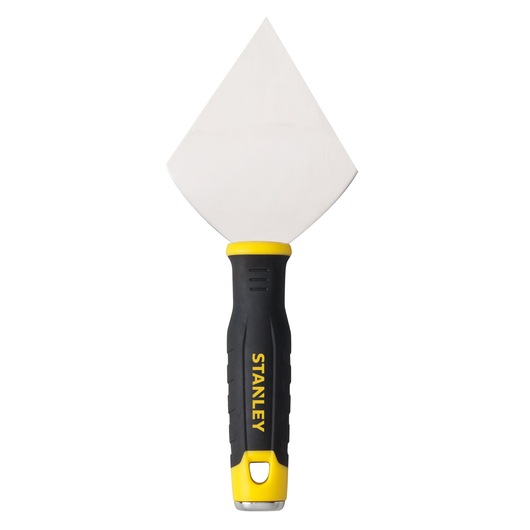 Photo of STANLEY STHT26089 steel painter’s scraper with black and yellow ergonomic handle, front angle.