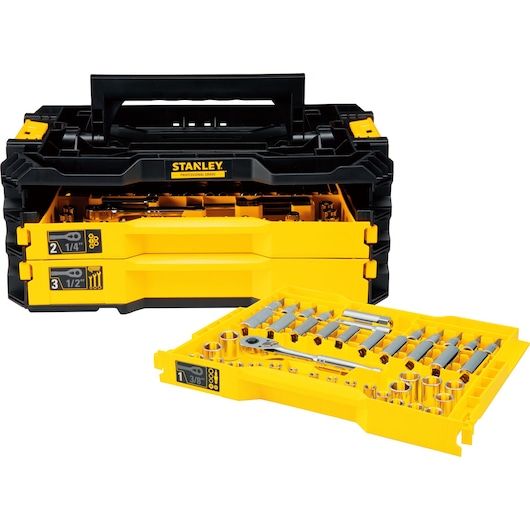 STANLEY STMT17993-LA socket and ratchet set with yellow and black organizer box, tray filled with tools, front angle.