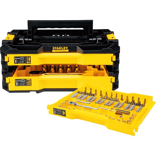 STANLEY STMT17993-LA mechanic tool set in a black and yellow case, open with organized sockets, bits, and ratchets, front angle.