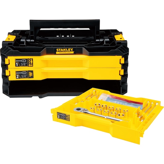 STANLEY STMT17993-LA yellow and black portable tool box with removable tray containing socket set and ratchet, front angle.