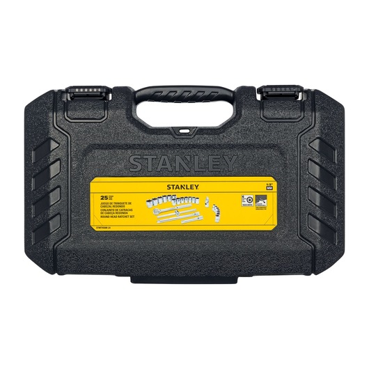 STANLEY STMT45508-LA socket set case, black hard plastic with yellow label, photography of closed front view.