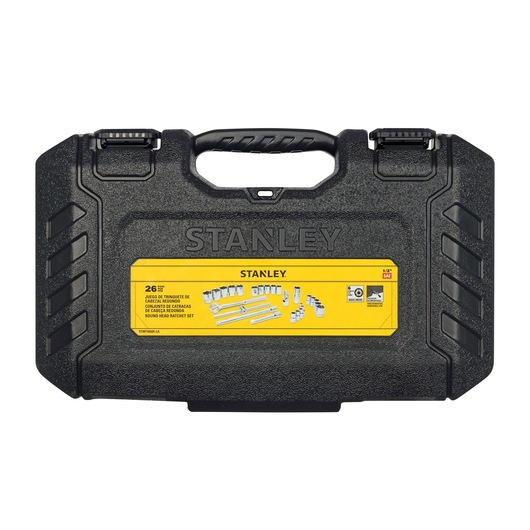 Stanley STMT45509-LA socket set case, black plastic, yellow label, photographed from front on white background.