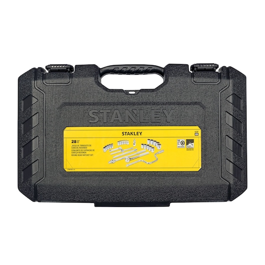 STANLEY STMT45512-LA black hard plastic tool case with yellow label, photography of front angle, socket set shown on label.
