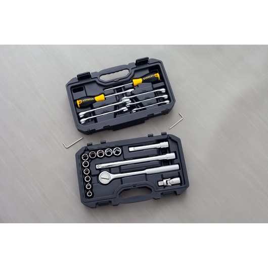 STANLEY STMT45513-LA socket and screwdriver set in open black hard case, top-down view with tools organized.