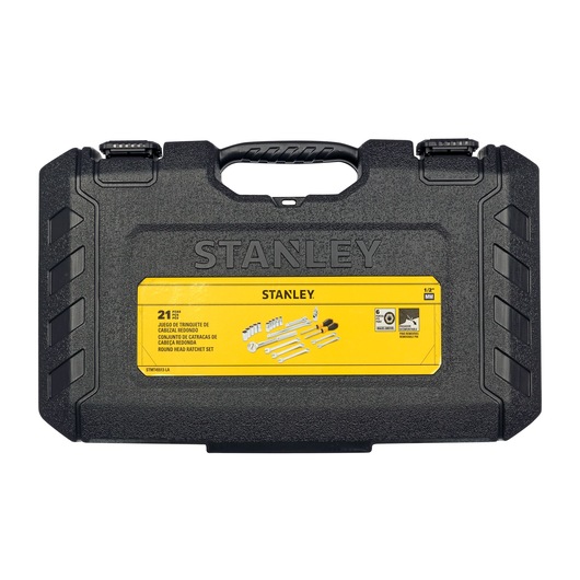 STANLEY STMT45513-LA round head ratchet set in a black hard plastic carrying case, front angle with yellow label.
