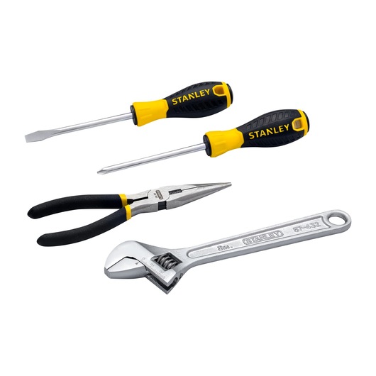 STANLEY STMT45514-LA hand tool set with two screwdrivers, pliers, and adjustable wrench, flat lay on white background.