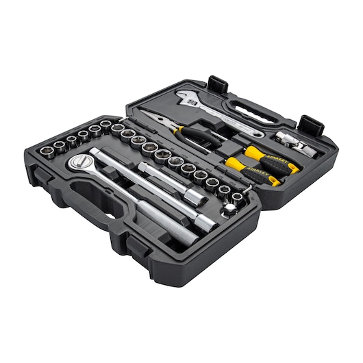 STANLEY STMT45514-LA mechanic tool set in black case, showing sockets, ratchets, wrenches, and pliers, angled view.