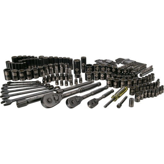 STANLEY STMT74086 mechanic tool set, multi-piece, black metal finish, front angle on white background.