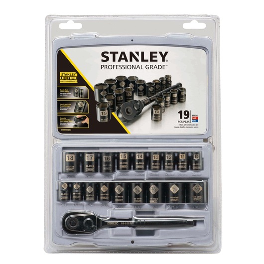 Stanley STMT74089 socket set, 19-piece, professional grade, front angle photo in retail packaging.