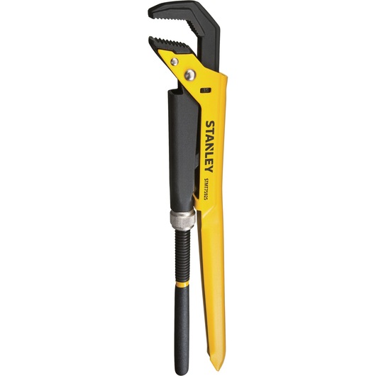 Photo of STANLEY STMT75925-8 yellow and black pipe wrench, front angle, white background, tool category.