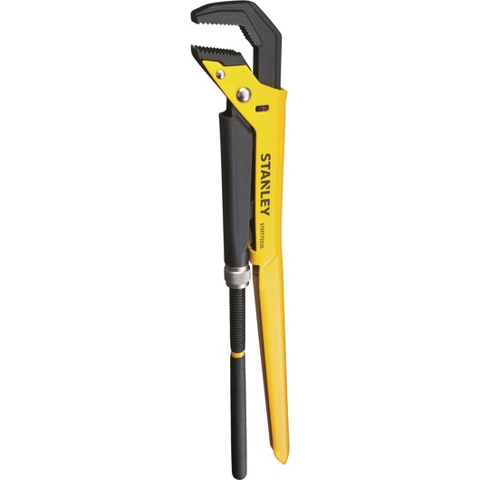 Photo of STANLEY STMT75926-8 pipe wrench with yellow and black body, front angle on white background.