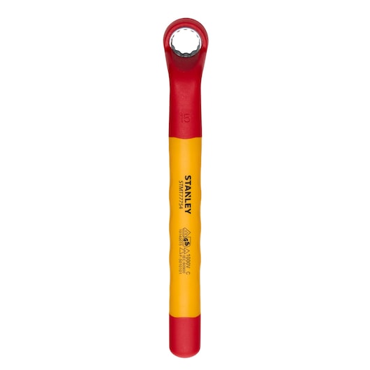 STANLEY STMT77754-LA insulated ratcheting box wrench, red and yellow, front angle on white background.