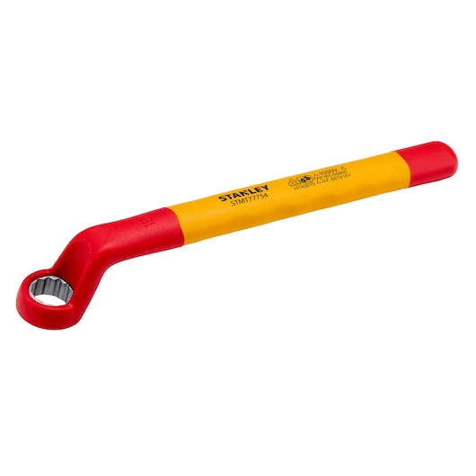 Photo of STANLEY STMT77754-LA insulated box end wrench, yellow and red, angled handle, white background.