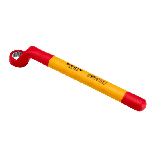 STANLEY STMT77754-LA insulated box end wrench, yellow and red handle, angled side view on white background.