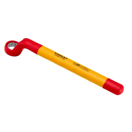STANLEY STMT77755-LA insulated ring spanner, yellow and red handle, photography, angled view on white background.
