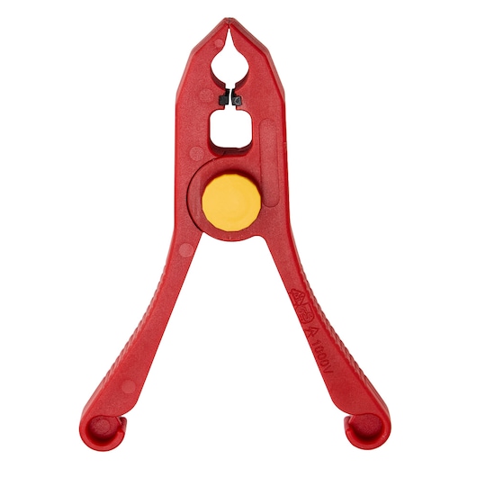 STANLEY STMT77872-LA insulated red wire stripper with yellow adjustment knob, front angle on white background.
