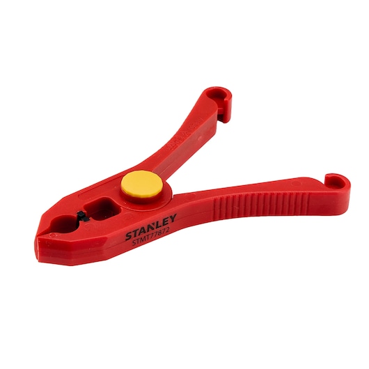 STANLEY STMT77872 red plastic clamp with yellow pivot, hand tool, side angle on white background.